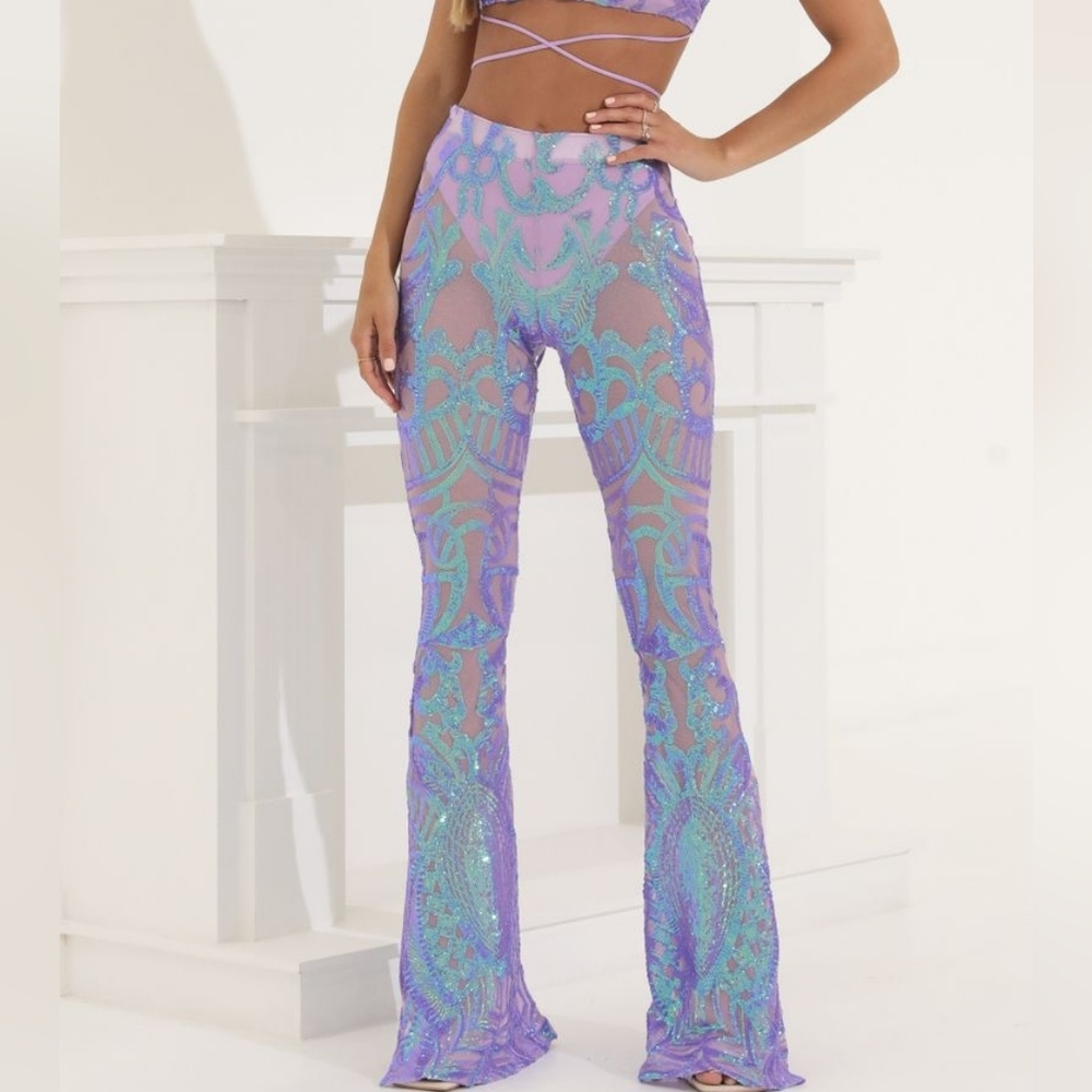 *Lucy In The Sky Sequin Mesh Flare Pants L Glam Fairycore Festival